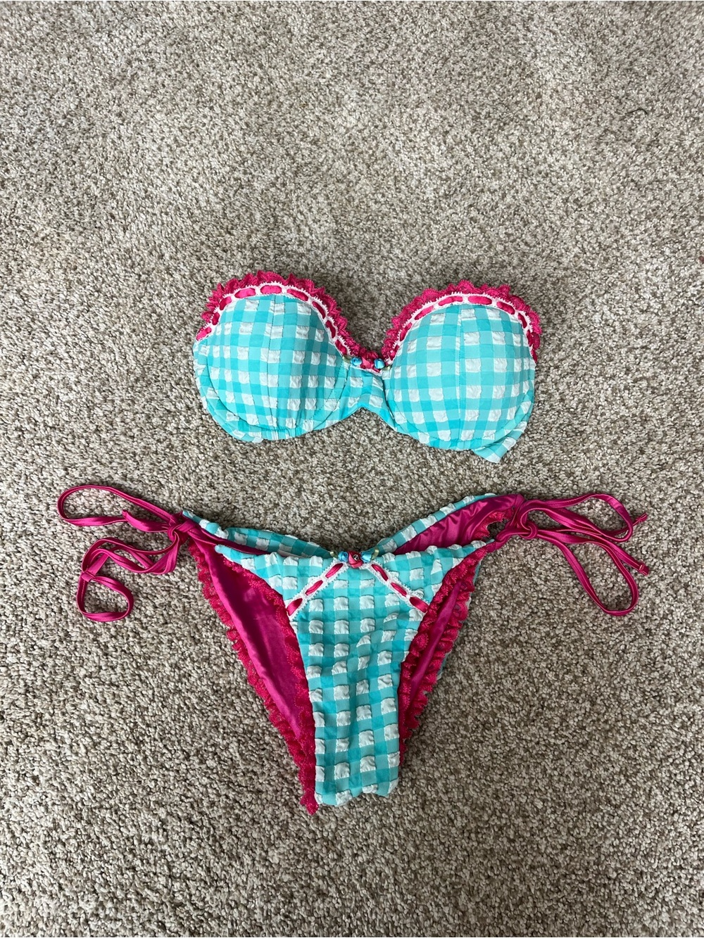 Beach Bunny aqua Karissa set blue and pink gingham